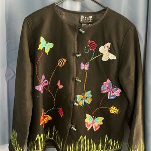 Embroidered Black Jacket with Colorful Butterflies